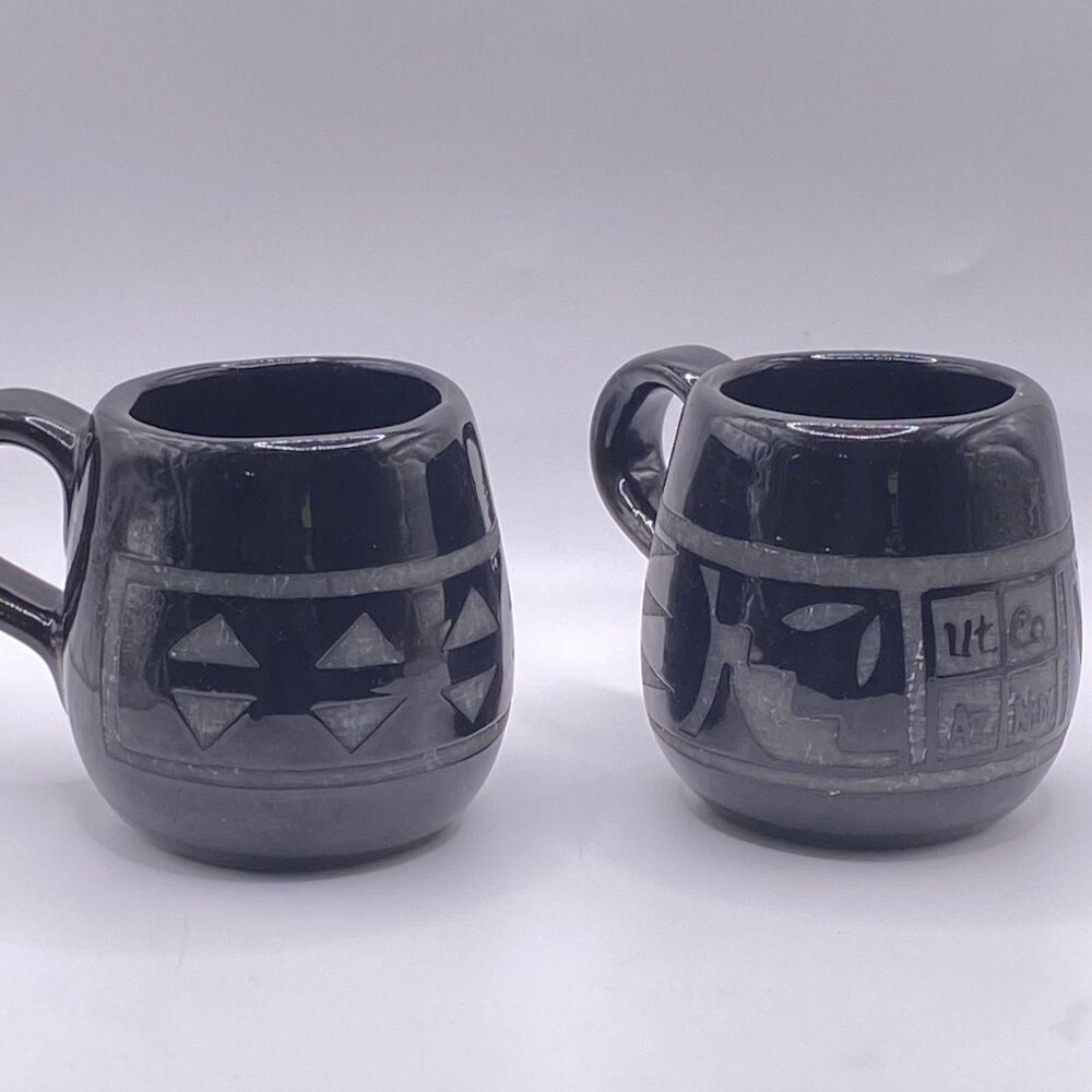 Set Of 2 Black On Black Southwestern Glazed Stoneware Pottery Mugs 8oz